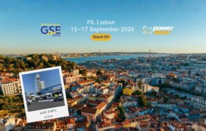 Power Stow promotion for International GSE Expo 2026 in Lisbon, 15–17 September, highlighting stand I09 with a cityscape view and a photo from the 2024 GSE Expo.