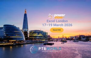 Power Stow announcement for Passenger Terminal Expo 2026 at ExCeL London, showing event dates 17–19 March and stand D90 with the London skyline in the background.